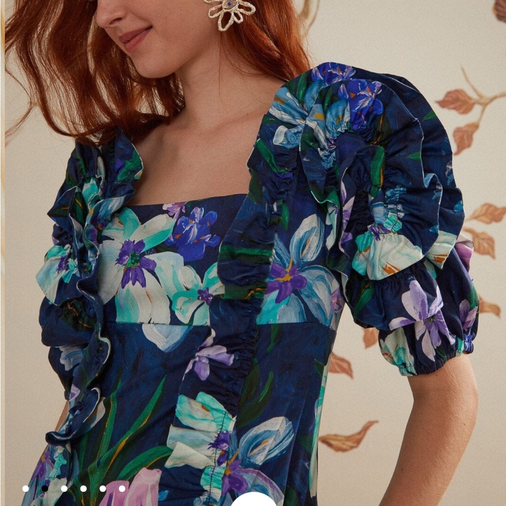 Farm Rio | FLORALINE RUFFLE SHORT SLEEVE MIDI DRESS - Picture 2 of 5